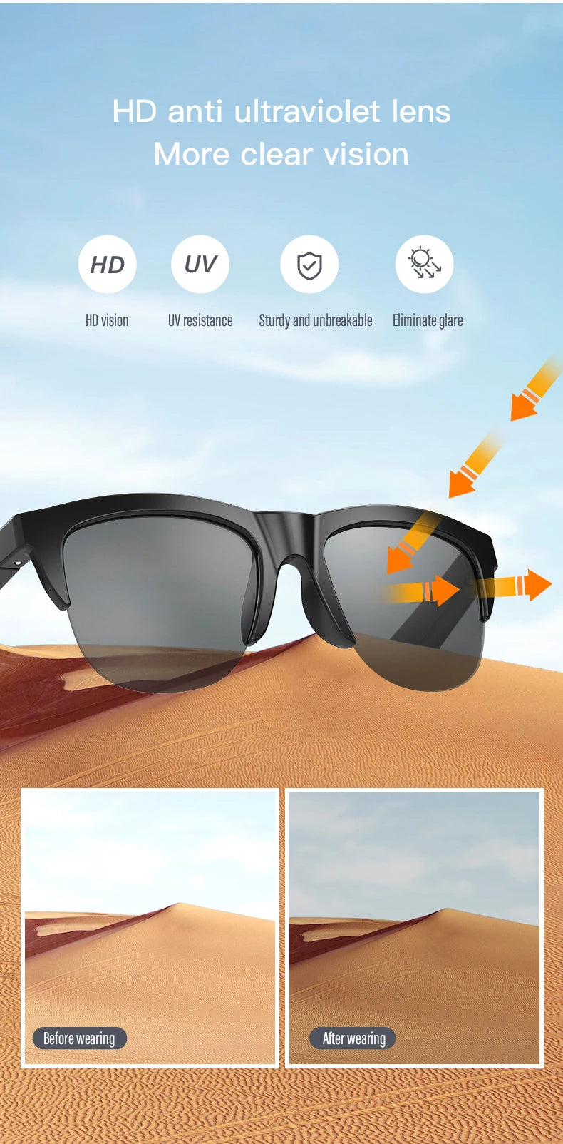 Vente en gros sans fil Blue Tooth 5.3 stéréo lunettes de soleil écouteurs conduction osseuse cyclisme écouteurs d’extérieur casque lunettes intelligentes