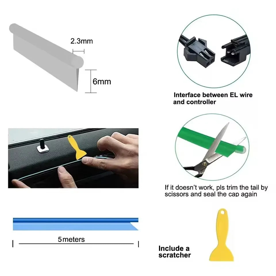 5M Intérieur De Voiture Led Strip Light Néon EL Câblage Lampe Décorative Pour Auto DIY Flexible Ambiant Lumière USB Party Atmosphere Diode