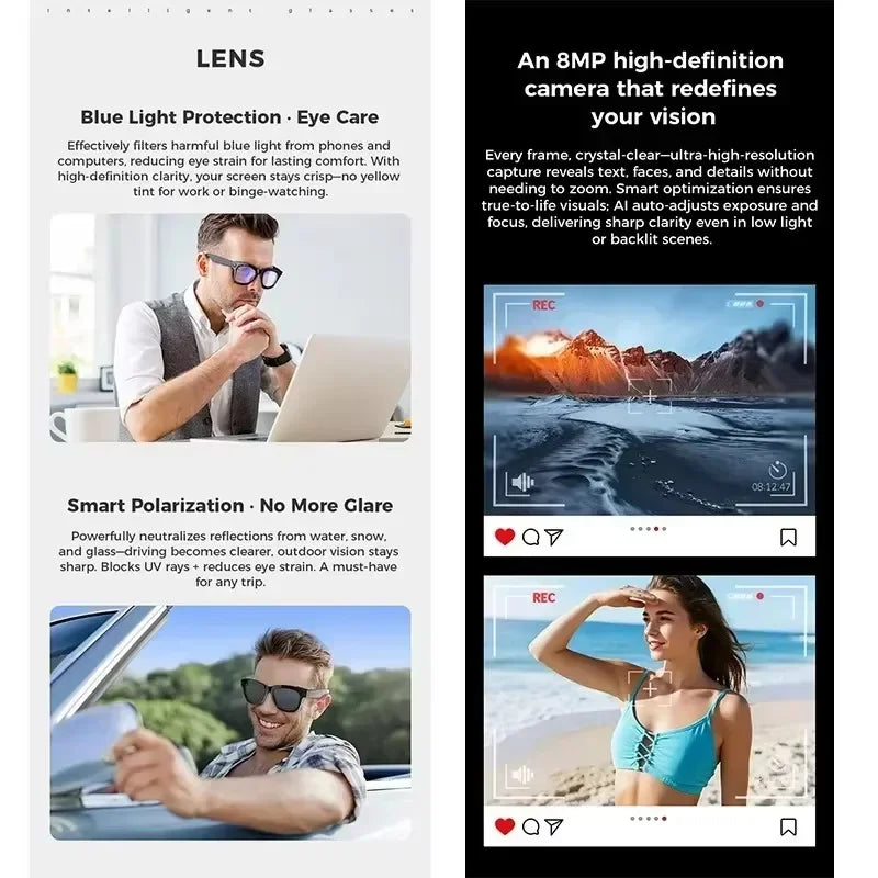 Lunettes Intelligentes avec Traduction IA, Lecture Musicale,Photo, Reconnaissance d'Objets, Vidéo et Capacités de Gestion des Appels