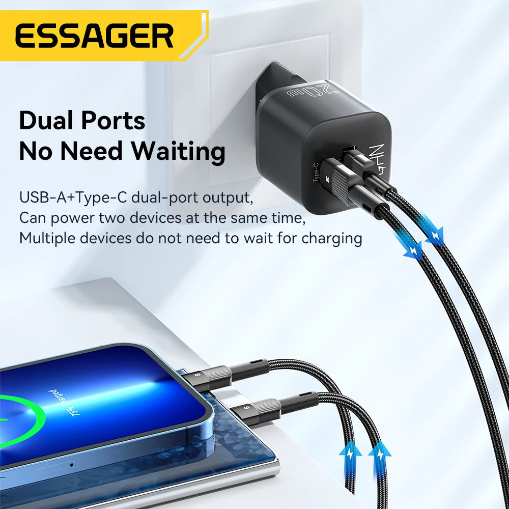 Essager 20W GaN Chargeur USB Type C PD Charge rapide Téléphone QC 3.0 Chargeurs rapides pour iPhone 14 13 12 11 Pro Max Mini iPad Chargement