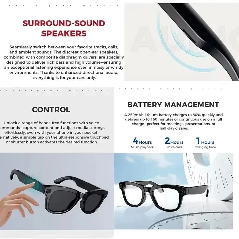Lunettes Intelligentes avec Traduction IA, Lecture Musicale,Photo, Reconnaissance d'Objets, Vidéo et Capacités de Gestion des Appels