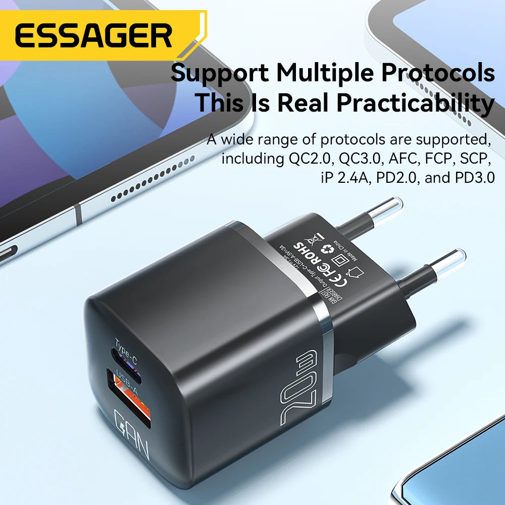 Essager 20W GaN Chargeur USB Type C PD Charge rapide Téléphone QC 3.0 Chargeurs rapides pour iPhone 14 13 12 11 Pro Max Mini iPad Chargement