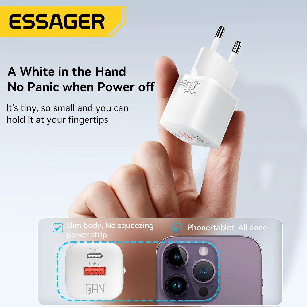 Essager 20W GaN Chargeur USB Type C PD Charge rapide Téléphone QC 3.0 Chargeurs rapides pour iPhone 14 13 12 11 Pro Max Mini iPad Chargement