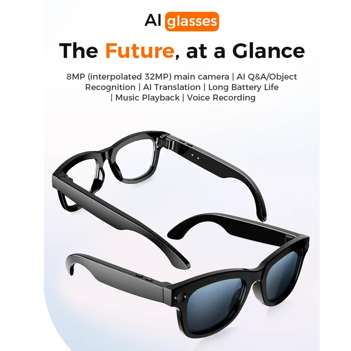 Lunettes Intelligentes avec Traduction IA, Lecture Musicale,Photo, Reconnaissance d'Objets, Vidéo et Capacités de Gestion des Appels