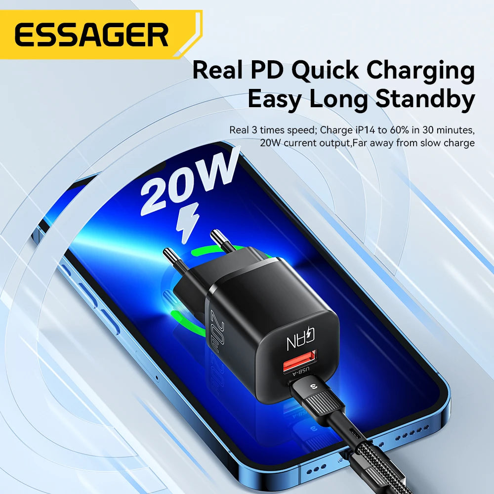 Essager 20W GaN Chargeur USB Type C PD Charge rapide Téléphone QC 3.0 Chargeurs rapides pour iPhone 14 13 12 11 Pro Max Mini iPad Chargement